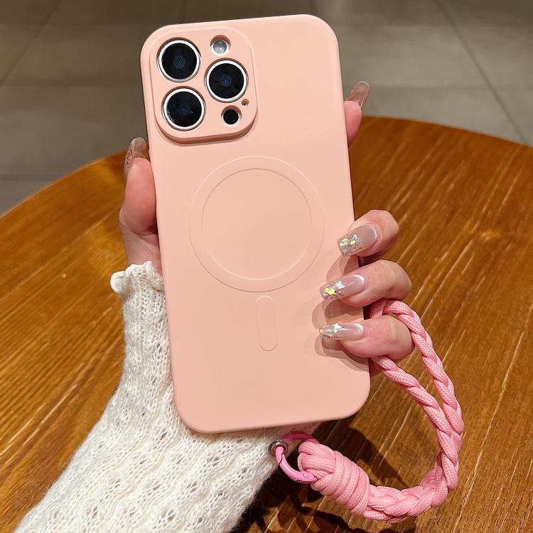 

For iPhone 12 Pro Max Solid Color Liquid Silicone Magnetic Phone Case with Lanyard(Pink)