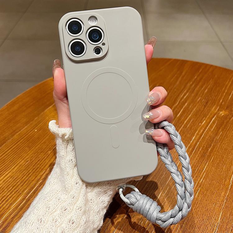 

For iPhone 12 Pro Max Solid Color Liquid Silicone Magnetic Phone Case with Lanyard(Grey)