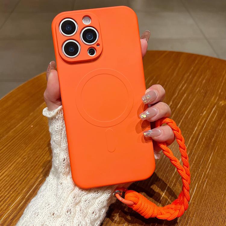 For iPhone 12 Pro Max Solid Color Liquid Silicone Magnetic Phone Case with Lanyard(Orange)