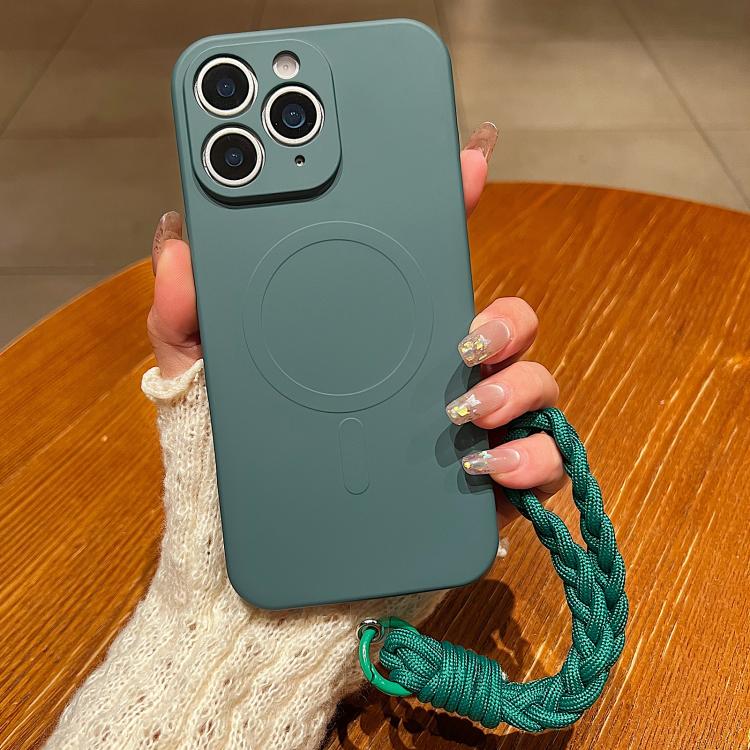 

For iPhone 11 Pro Solid Color Liquid Silicone Magnetic Phone Case with Lanyard(Dark Green)