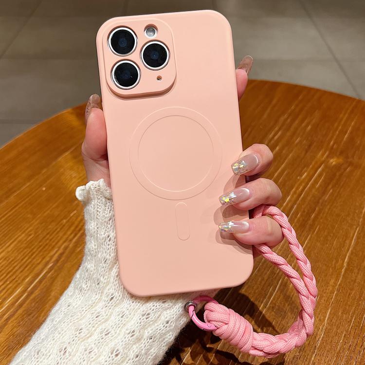 

For iPhone 11 Pro Solid Color Liquid Silicone Magnetic Phone Case with Lanyard(Pink)
