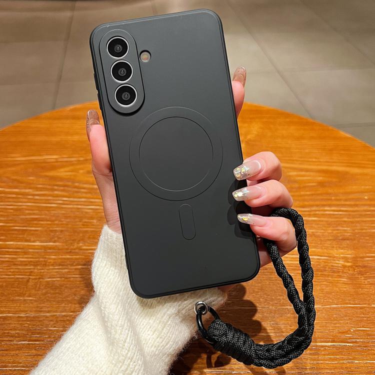 

For Samsung Galaxy A17 5G Solid Color Liquid Silicone Magnetic Phone Case with Lanyard(Black)