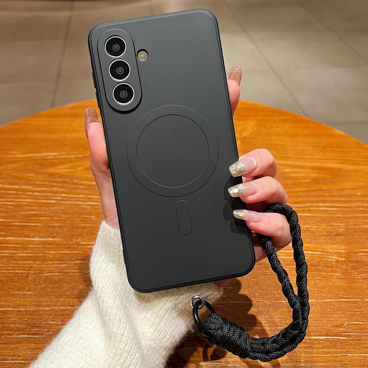 

For Samsung Galaxy A57 5G Solid Color Liquid Silicone Magnetic Phone Case with Lanyard(Black)