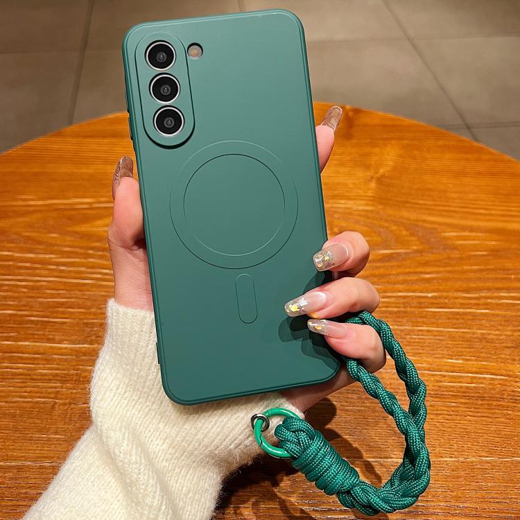 

For Samsung Galaxy S21 FE 5G Solid Color Liquid Silicone Magnetic Phone Case with Lanyard(Dark Green)