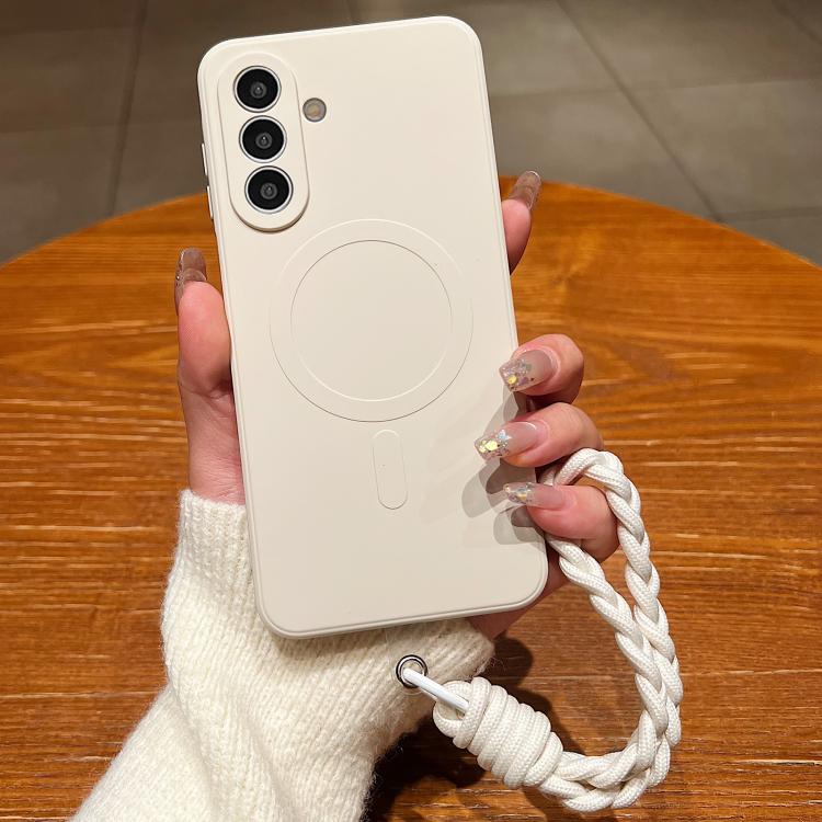 

For Samsung Galaxy S23 FE 5G Solid Color Liquid Silicone Magnetic Phone Case with Lanyard(Antique White)