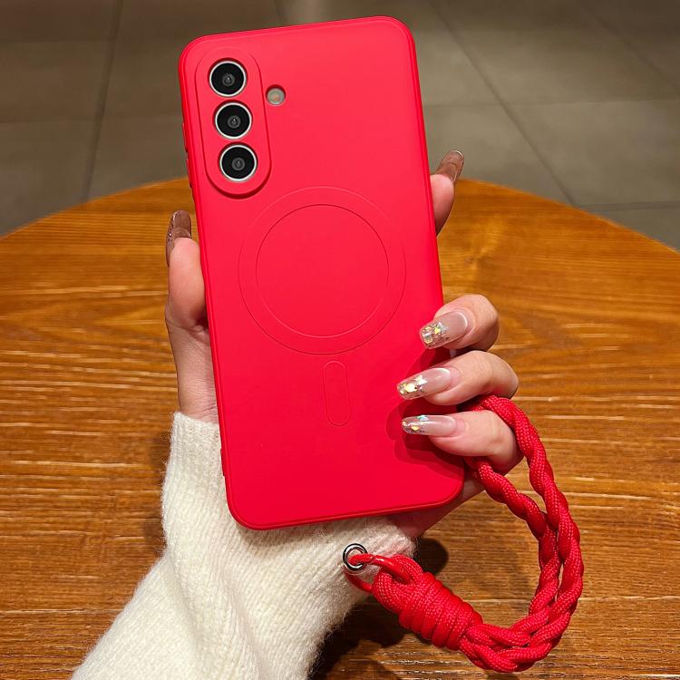 

For Samsung Galaxy S24 FE 5G Solid Color Liquid Silicone Magnetic Phone Case with Lanyard(Red)