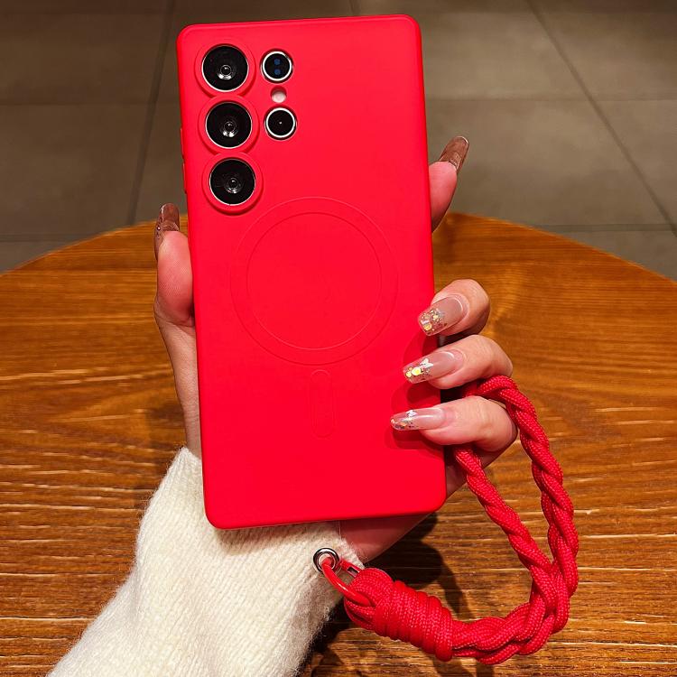 

For Samsung Galaxy S24 Ultra 5G Solid Color Liquid Silicone Magnetic Phone Case with Lanyard(Red)