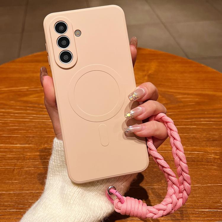 

For Samsung Galaxy S25 5G Solid Color Liquid Silicone Magnetic Phone Case with Lanyard(Pink)