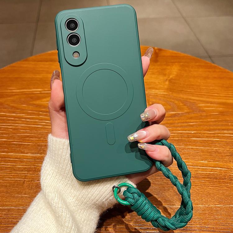 

For Samsung Galaxy S25 Edge 5G Solid Color Liquid Silicone Magnetic Phone Case with Lanyard(Dark Green)