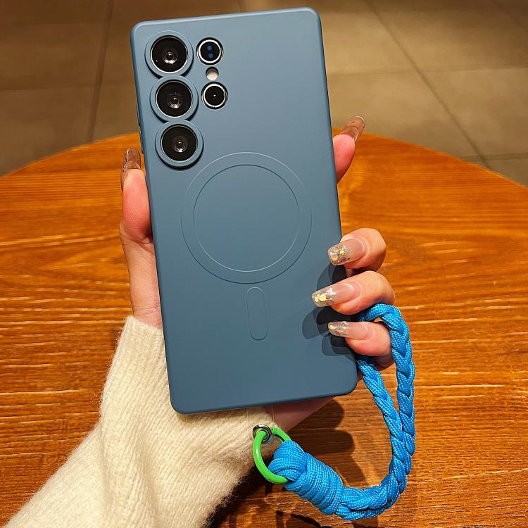 

For Samsung Galaxy S25 Ultra 5G Solid Color Liquid Silicone Magnetic Phone Case with Lanyard(Lavender Grey)