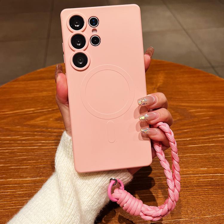 

For Samsung Galaxy S25 Ultra 5G Solid Color Liquid Silicone Magnetic Phone Case with Lanyard(Pink)