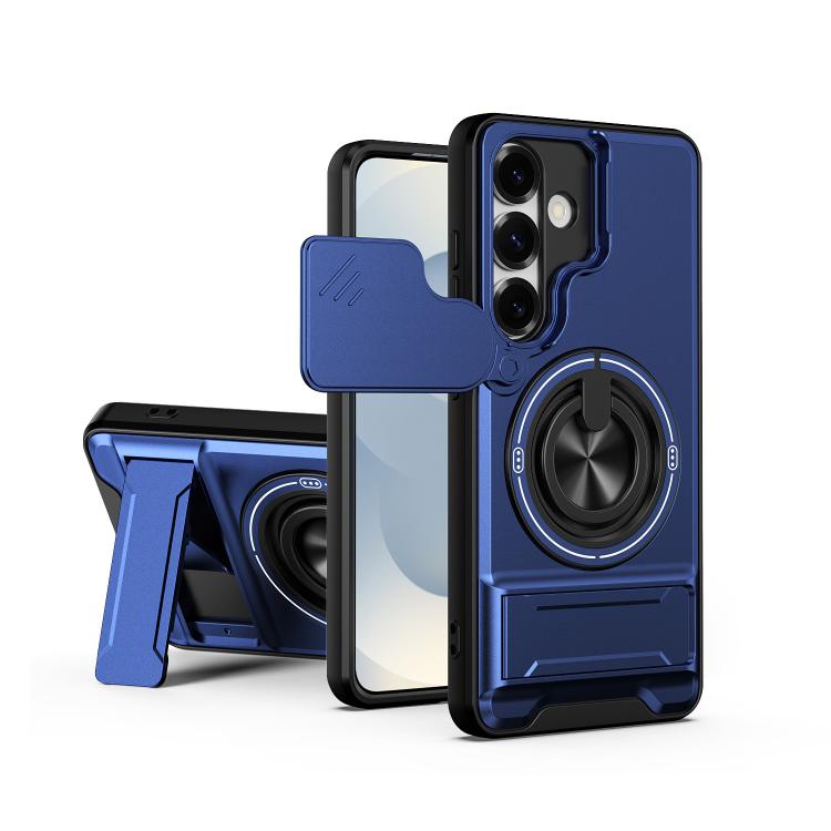 

For Samsung Galaxy S25 5G Lens Sliding Window Multifunctional Magnetic Shockproof Phone Case(Royal Blue)