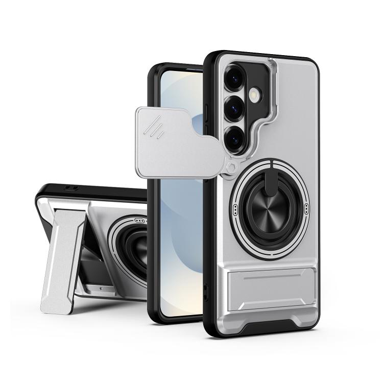 For Samsung Galaxy S25 5G Lens Sliding Window Multifunctional Magnetic Shockproof Phone Case(Titanium Gray)