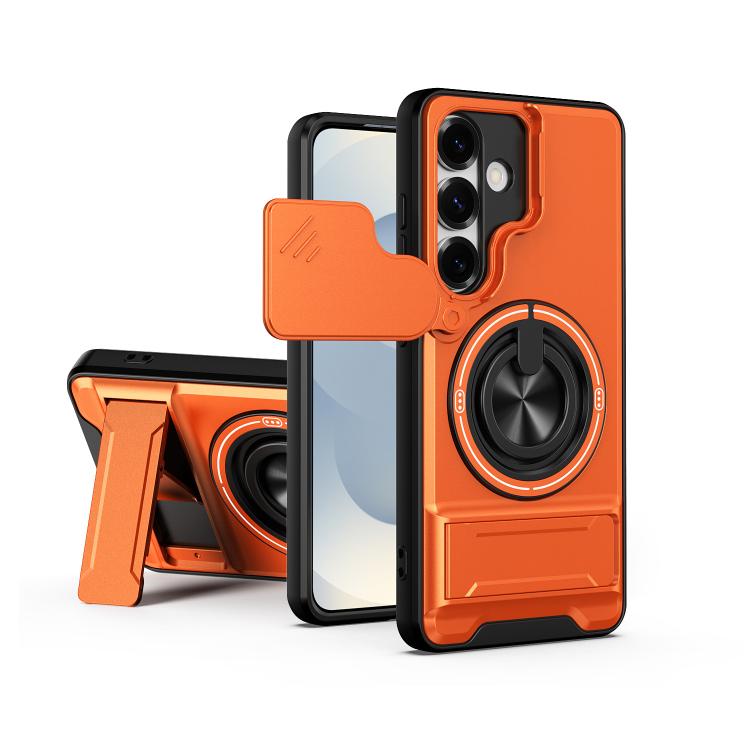 For Samsung Galaxy S25 5G Lens Sliding Window Multifunctional Magnetic Shockproof Phone Case(Orange)