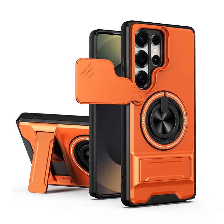

For Samsung Galaxy S25 Ultra 5G Lens Sliding Window Multifunctional Magnetic Shockproof Phone Case(Orange)