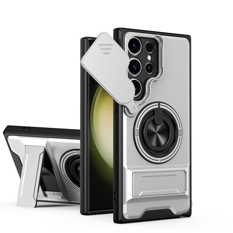 

For Samsung Galaxy S23 Ultra 5G Lens Sliding Window Multifunctional Magnetic Shockproof Phone Case(Titanium Gray)