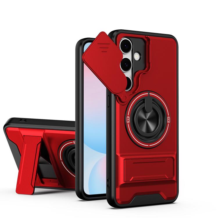 

For Samsung Galaxy S24 FE 5G Lens Sliding Window Multifunctional Magnetic Shockproof Phone Case(Red)