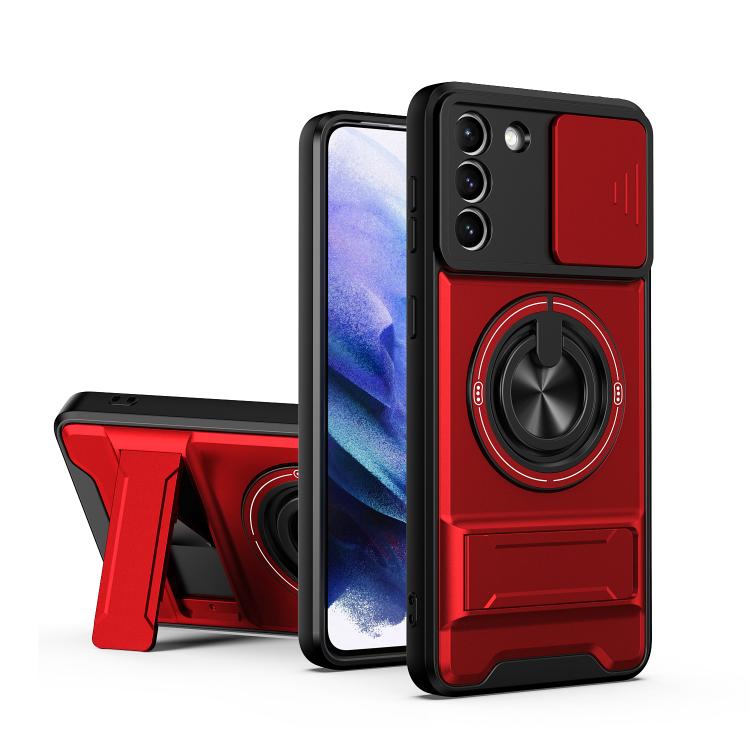 For Galaxy S21+ 5G Lens Sliding Window Multifunctional Magnetic Shockproof Phone Case(Red)