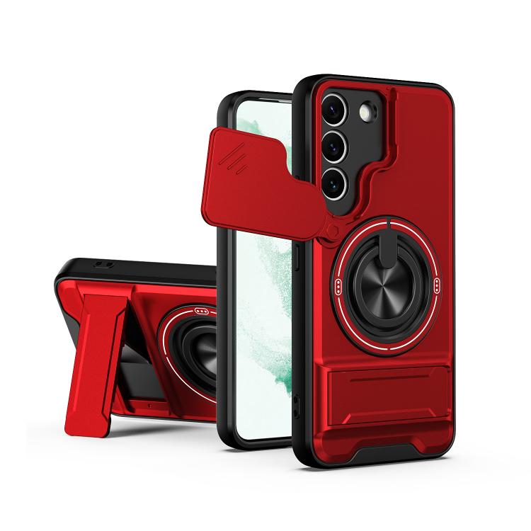 For Galaxy S22+ 5G Lens Sliding Window Multifunctional Magnetic Shockproof Phone Case(Red)