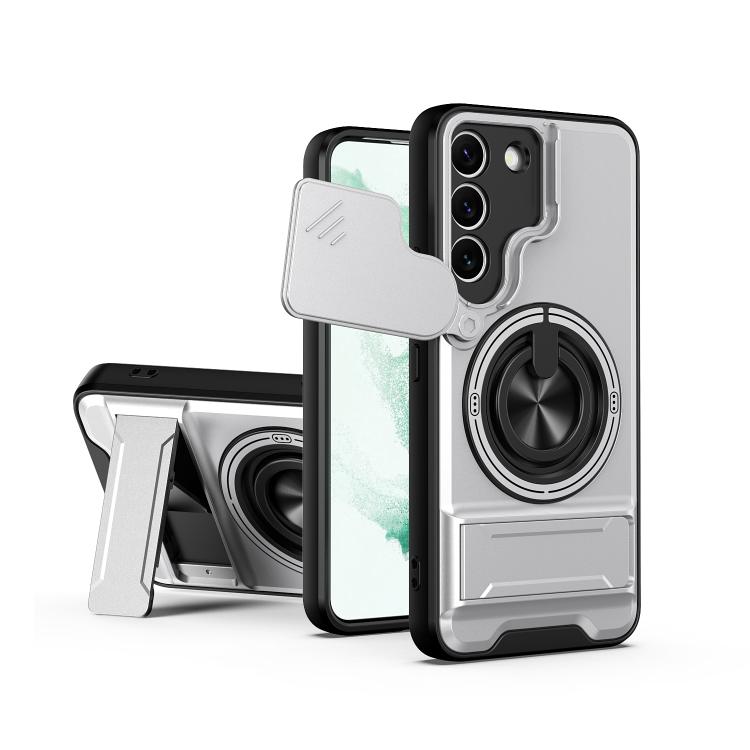 For Galaxy S22+ 5G Lens Sliding Window Multifunctional Magnetic Shockproof Phone Case(Titanium Gray)