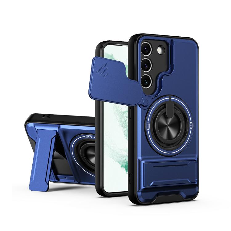 For Galaxy S22 5G Lens Sliding Window Multifunctional Magnetic Shockproof Phone Case(Royal Blue)
