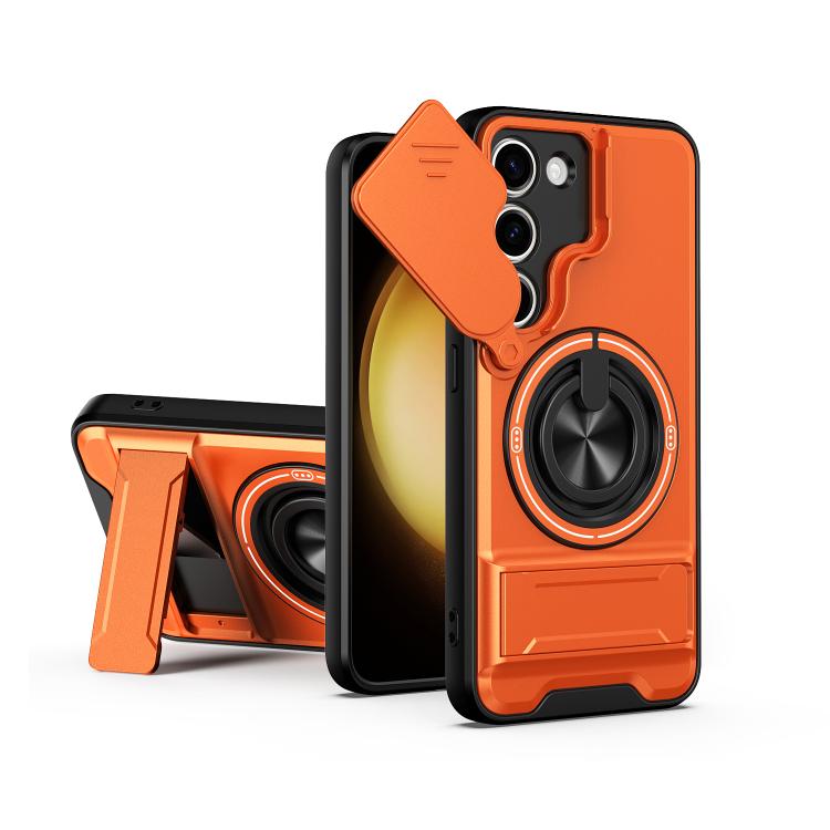 For Galaxy S23 5G Lens Sliding Window Multifunctional Magnetic Shockproof Phone Case(Orange)