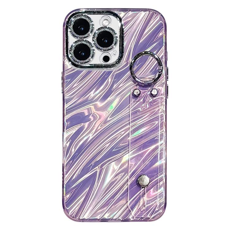 

For iPhone 16 Pro Plating Ripples Texture Wristband Holder TPU Phone Case with Lens Film(Purple)