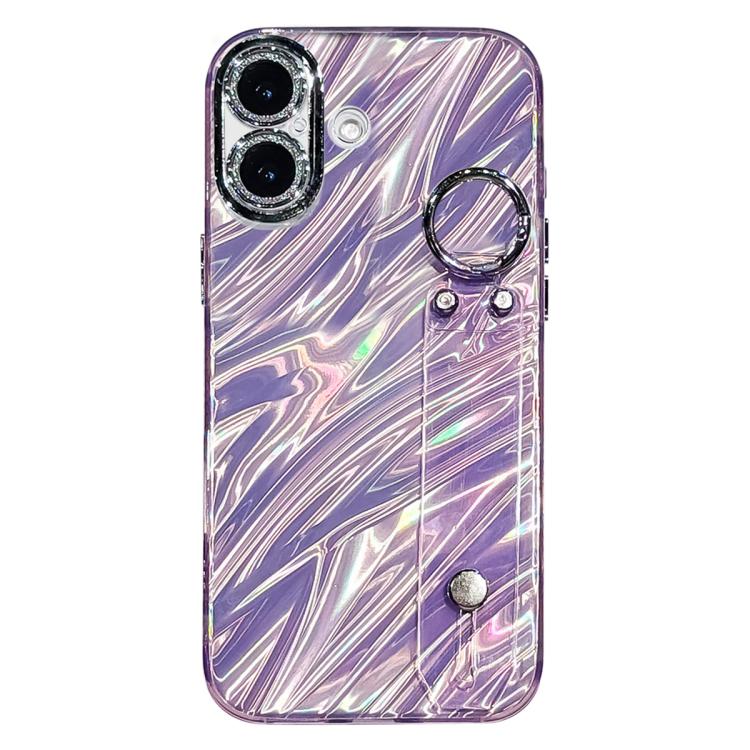 

For iPhone 16 Plus Plating Ripples Texture Wristband Holder TPU Phone Case with Lens Film(Purple)