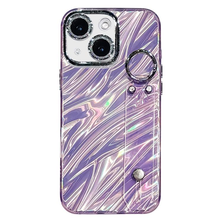 

For iPhone 14 Plating Ripples Texture Wristband Holder TPU Phone Case with Lens Film(Purple)
