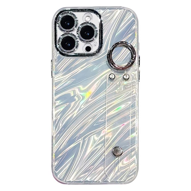 

For iPhone 13 Pro Max Plating Ripples Texture Wristband Holder TPU Phone Case with Lens Film(Silver)