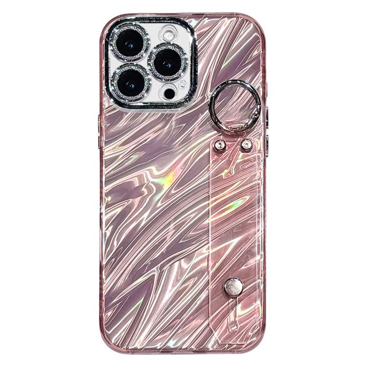 

For iPhone 13 Pro Plating Ripples Texture Wristband Holder TPU Phone Case with Lens Film(Pink)