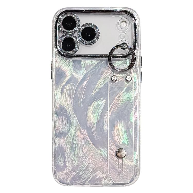 

For iPhone 17 Pro Plating Feather-Gauze Texture Wristband Holder TPU Phone Case with Lens Film(White)