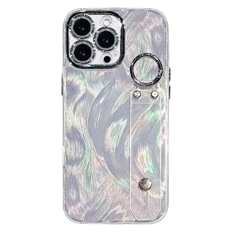 

For iPhone 16 Pro Plating Feather-Gauze Texture Wristband Holder TPU Phone Case with Lens Film(White)