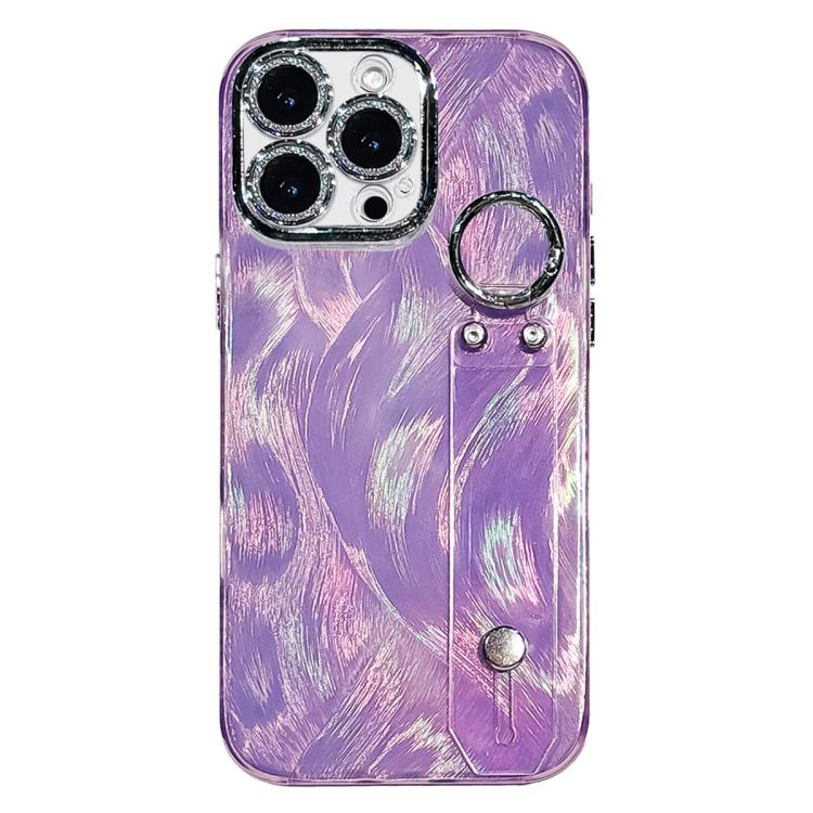 

For iPhone 13 Pro Plating Feather-Gauze Texture Wristband Holder TPU Phone Case with Lens Film(Purple)