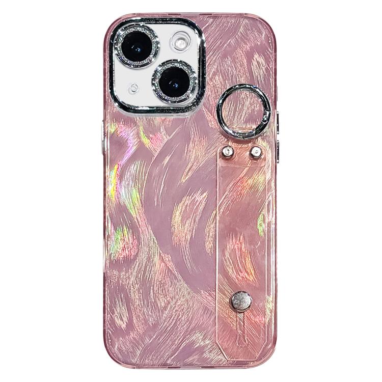 

For iPhone 13 Plating Feather-Gauze Texture Wristband Holder TPU Phone Case with Lens Film(Pink)