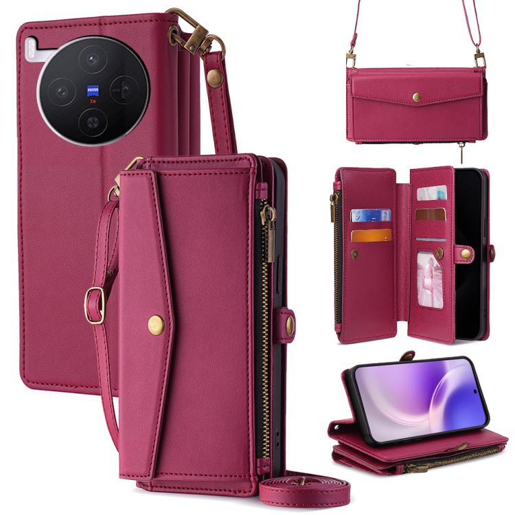 

For vivo X300 5G Zipper Wallet Side Buckle Crossbody Lanyard Leather Phone Case(Red)