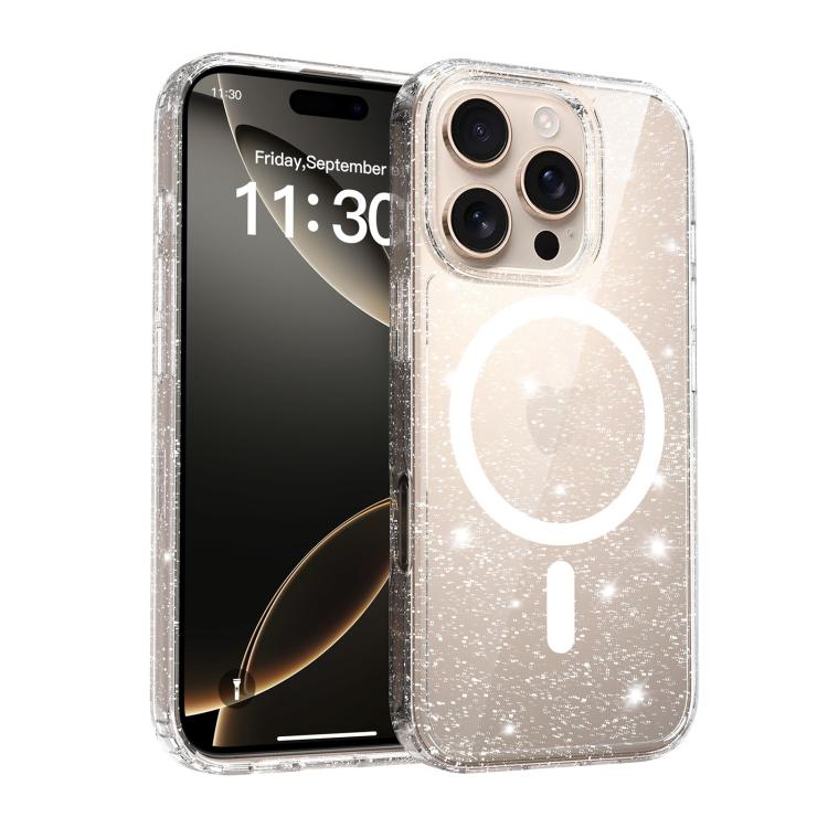 

For iPhone 16 Pro Max Clear Glitter Magnetic PC Hybrid TPU Phone Case(Transparent)