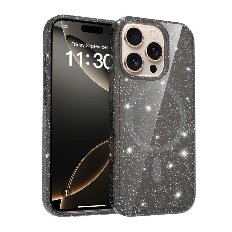 

For iPhone 16 Pro Clear Glitter Magnetic PC Hybrid TPU Phone Case(Black)