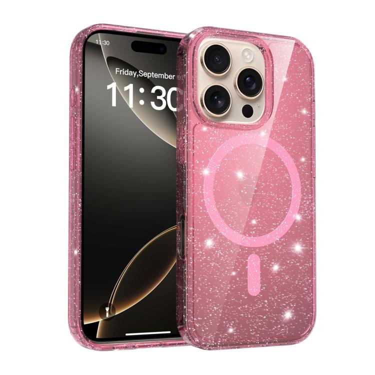 

For iPhone 16 Pro Clear Glitter Magnetic PC Hybrid TPU Phone Case(Pink)