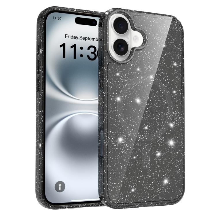 For iPhone 16 Plus Clear Glitter Magnetic PC Hybrid TPU Phone Case(Black)