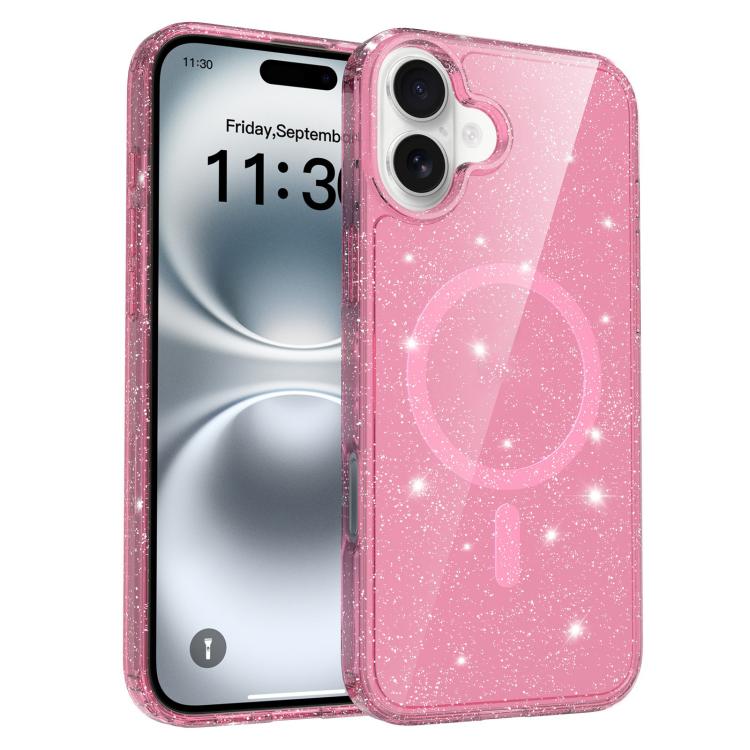 

For iPhone 16 Plus Clear Glitter Magnetic PC Hybrid TPU Phone Case(Pink)