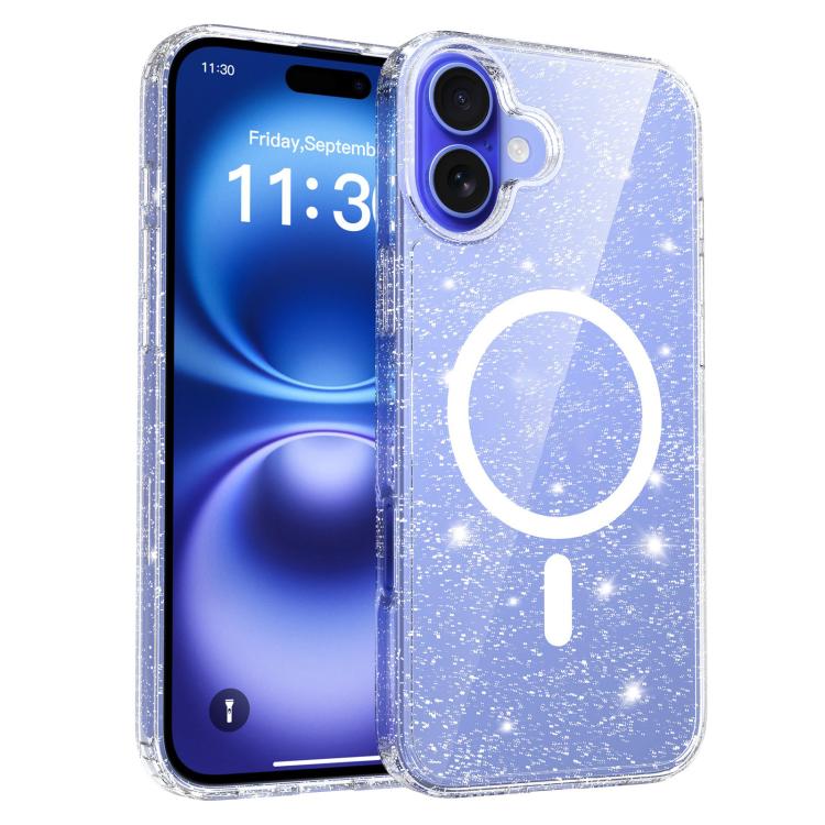 

For iPhone 16 Plus Clear Glitter Magnetic PC Hybrid TPU Phone Case(Transparent)