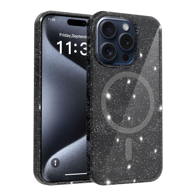 For iPhone 15 Pro Max Clear Glitter Magnetic PC Hybrid TPU Phone Case(Black)