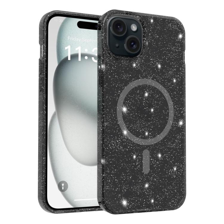 

For iPhone 15 Clear Glitter Magnetic PC Hybrid TPU Phone Case(Black)