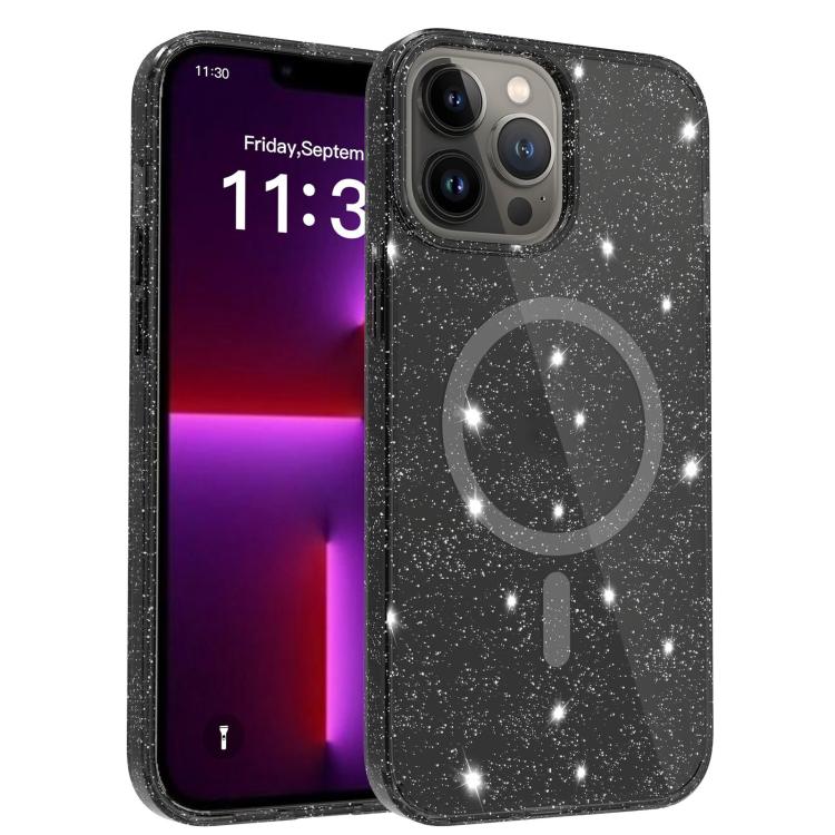 

For iPhone 13 Pro Max Clear Glitter Magnetic PC Hybrid TPU Phone Case(Black)