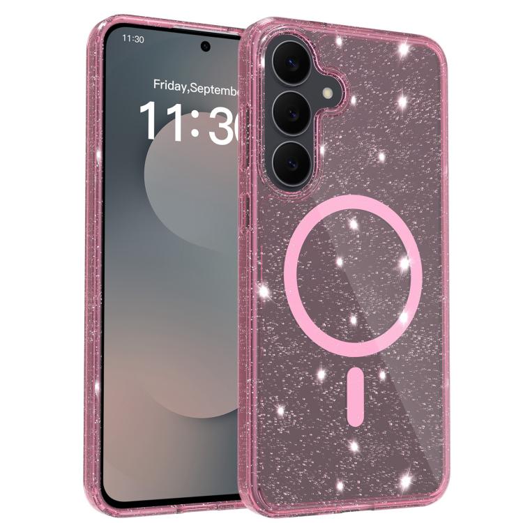 

For Samsung Galaxy S25 FE 5G Clear Glitter Magnetic PC Hybrid TPU Phone Case(Pink)