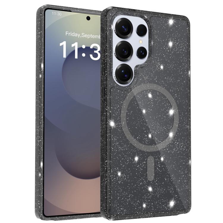 

For Samsung Galaxy S25 Ultra 5G Clear Glitter Magnetic PC Hybrid TPU Phone Case(Black)