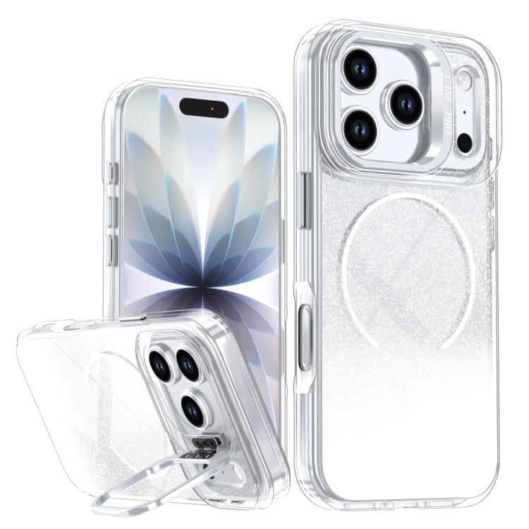 

For iPhone 17 Pro Max Glitter Gradient Magnetic Lens Frame Holder Phone Case(White)