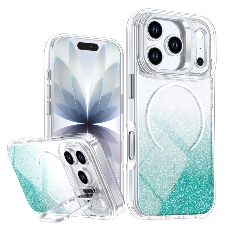 

For iPhone 17 Pro Max Glitter Gradient Magnetic Lens Frame Holder Phone Case(Lake Green)