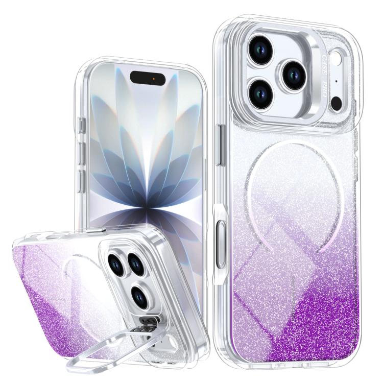 

For iPhone 17 Pro Glitter Gradient Magnetic Lens Frame Holder Phone Case(Purple)